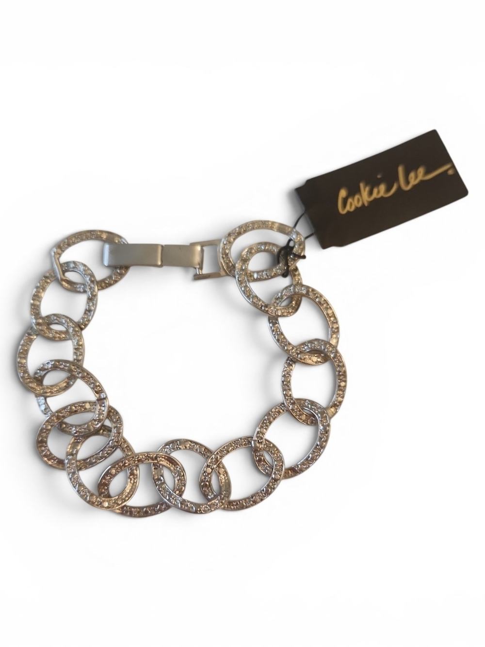 NWT Cookie Lee Silvertone Interlocking Chain Link With Rhinestone Pave Bracelet